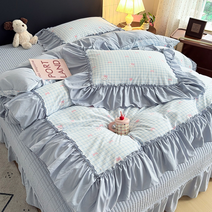 91家纺网 家纺一手货源 找家纺 2026 铠畅新款韩系古法韩国水洗棉仿棉云感棉法式浪漫大花边床盖四件套 奶蓝kt