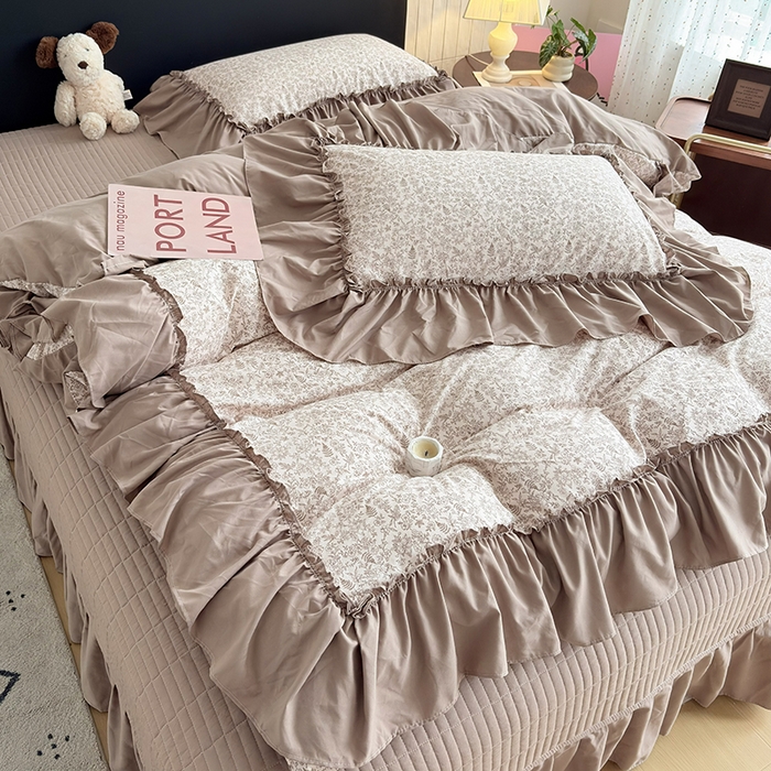 91家纺网 家纺一手货源 找家纺 2026 铠畅新款韩系古法韩国水洗棉仿棉云感棉法式浪漫大花边床盖四件套 森系花眠