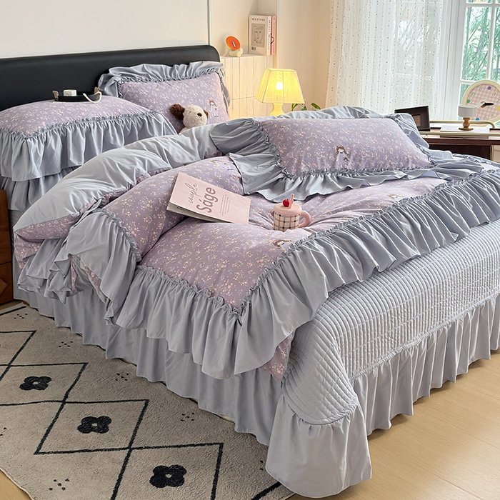 91家纺网 家纺一手货源 找家纺 2026 铠畅新款韩系古法韩国水洗棉仿棉云感棉法式浪漫大花边床盖四件套 薰衣草女孩