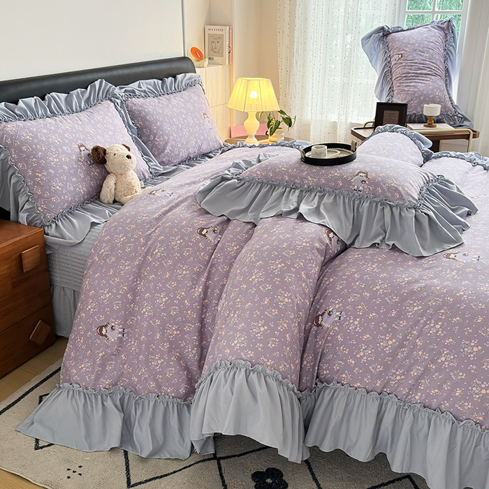 91家纺网 家纺一手货源 找家纺 2026 铠畅新款韩系古法韩国水洗棉仿棉云感棉法式浪漫大花边床盖四件套 薰衣草女孩