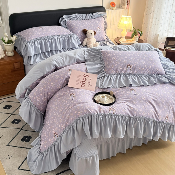 2026 铠畅新款韩系古法韩国水洗棉仿棉云感棉法式浪漫大花边床盖四件套 薰衣草女孩