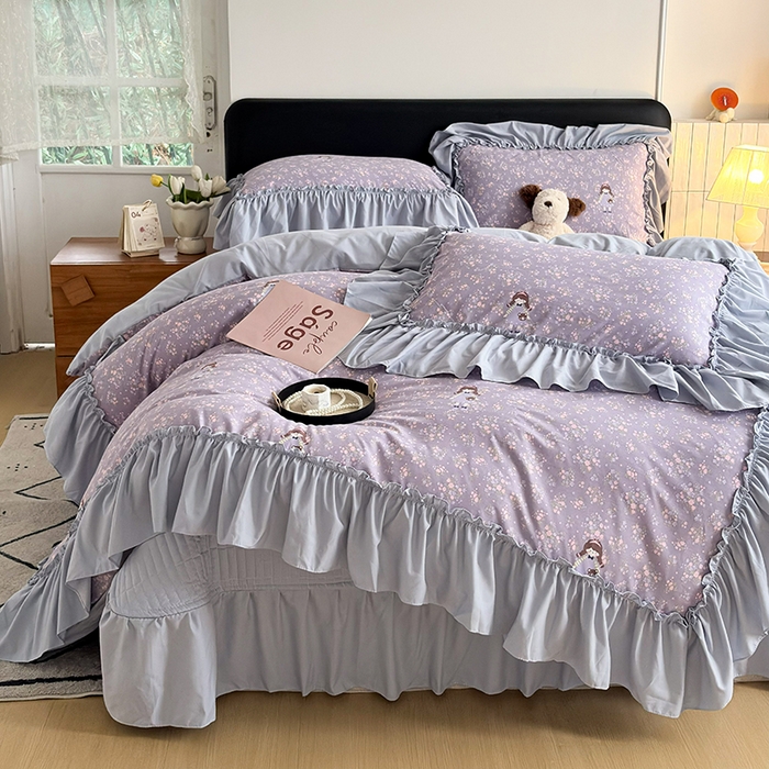 91家纺网 家纺一手货源 找家纺 2026 铠畅新款韩系古法韩国水洗棉仿棉云感棉法式浪漫大花边床盖四件套 薰衣草女孩