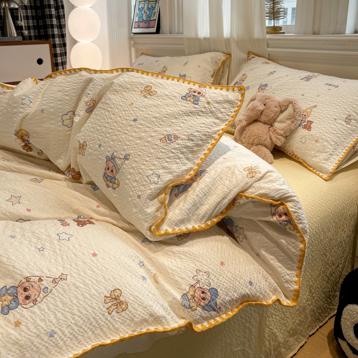 91家纺网 家纺一手货源 找家纺 （总）一比一家纺 2026新款云感泡芙棉小清新印花贝壳边四件套