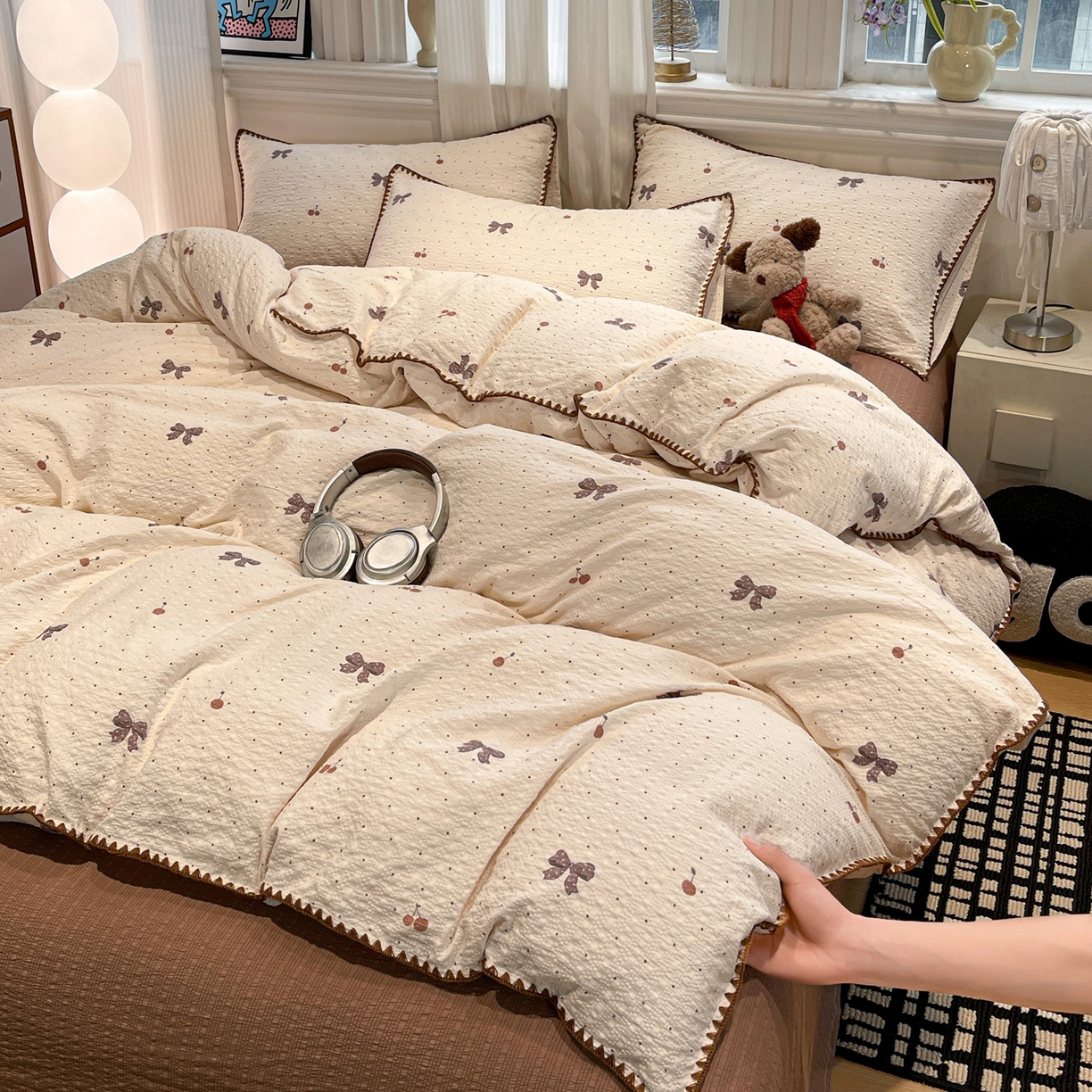 91家纺网 家纺一手货源 找家纺 一比一家纺 2026新款云感泡芙棉小清新印花贝壳边四件套 樱桃波点