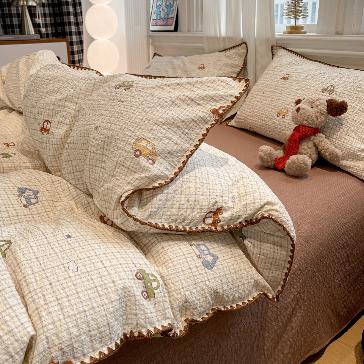 一比一家纺 2026新款云感泡芙棉小清新印花贝壳边四件套 小汽车