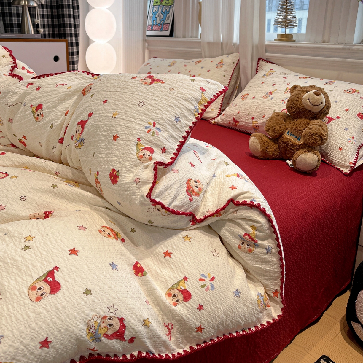 一比一家纺 2026新款云感泡芙棉小清新印花贝壳边四件套 蛋糕星人