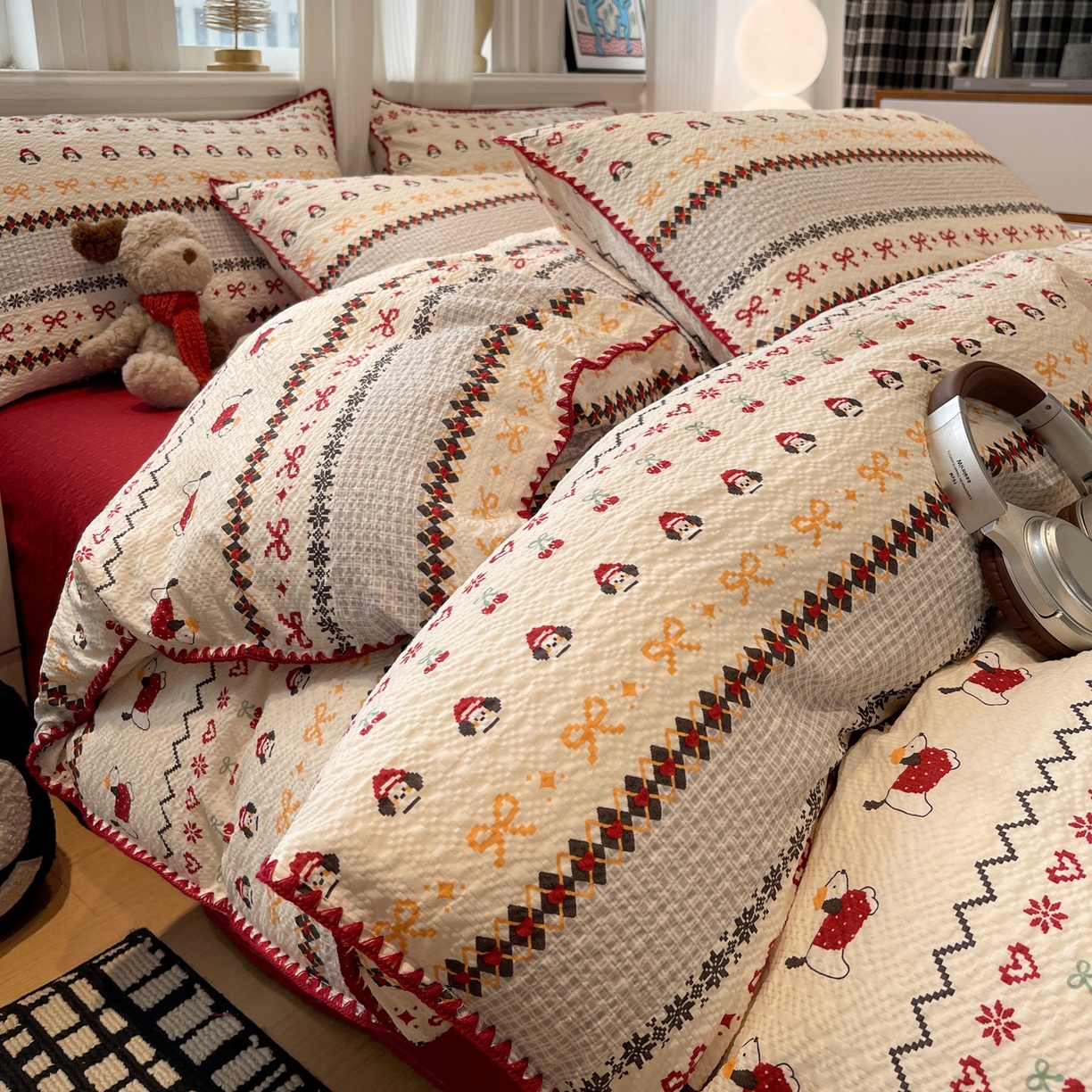 91家纺网 家纺一手货源 找家纺 一比一家纺 2026新款云感泡芙棉小清新印花贝壳边四件套 费尔岛小狗