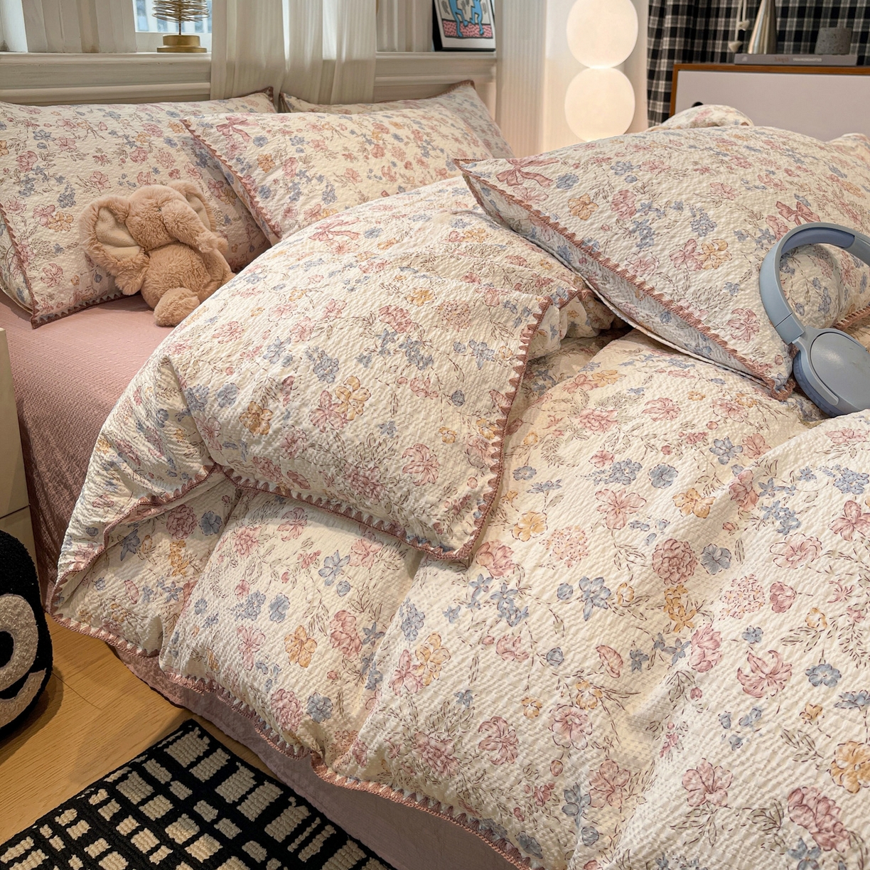 91家纺网 家纺一手货源 找家纺 一比一家纺 2026新款云感泡芙棉小清新印花贝壳边四件套 诗意柔