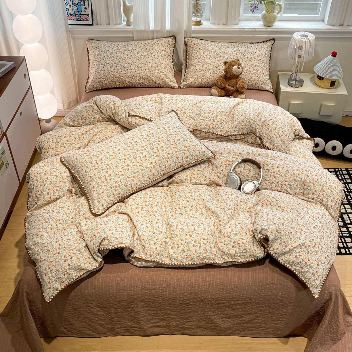 91家纺网 家纺一手货源 找家纺 一比一家纺 2026新款云感泡芙棉小清新印花贝壳边四件套 青涩樱桃