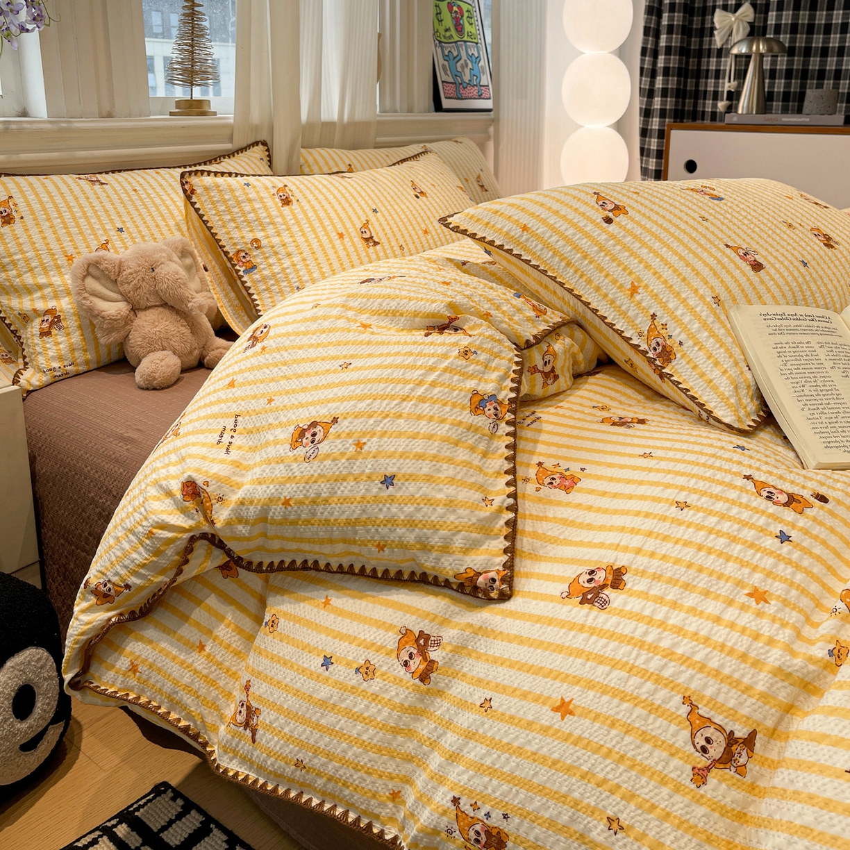 91家纺网 家纺一手货源 找家纺 一比一家纺 2026新款云感泡芙棉小清新印花贝壳边四件套 哈喽星人