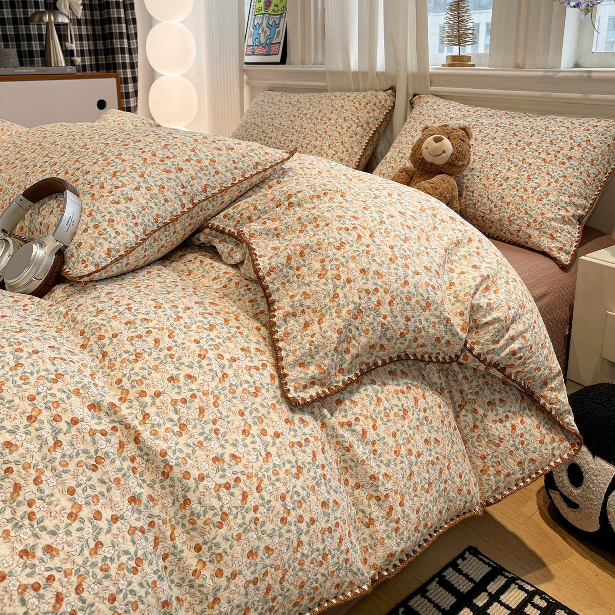 91家纺网 家纺一手货源 找家纺 一比一家纺 2026新款云感泡芙棉小清新印花贝壳边四件套 青涩樱桃