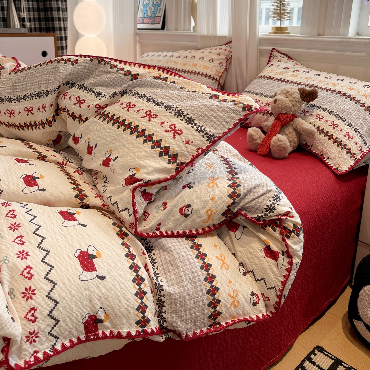 91家纺网 家纺一手货源 找家纺 （总）一比一家纺 2026新款云感泡芙棉小清新印花贝壳边四件套