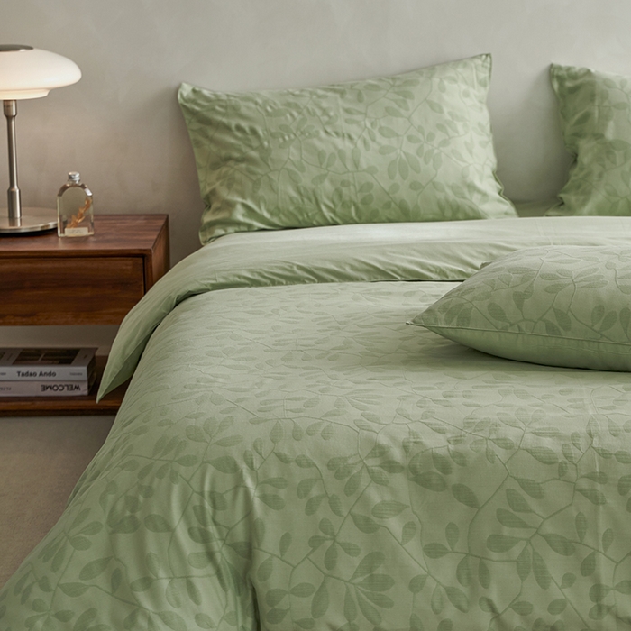 91家纺网 家纺一手货源 找家纺 宜代光年 2026新款全棉纯棉60S水洗棉三层纱色织提花四件套系列（经典保留花型） 叶繁-绿