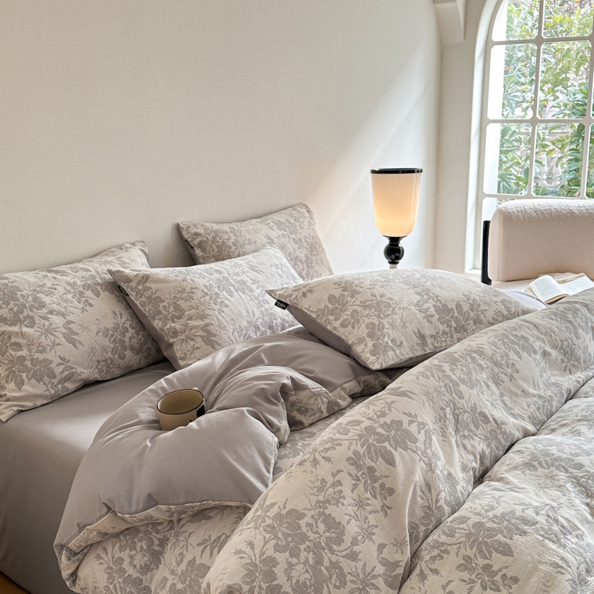 宜代光年 2026新款全棉纯棉60S水洗棉三层纱色织提花四件套系列（经典保留花型） 繁花-灰