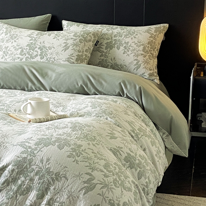 91家纺网 家纺一手货源 找家纺 宜代光年 2026新款全棉纯棉60S水洗棉三层纱色织提花四件套系列（经典保留花型） 繁花-绿