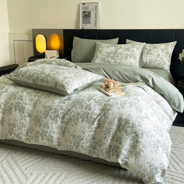 91家纺网 家纺一手货源 找家纺 宜代光年 2026新款全棉纯棉60S水洗棉三层纱色织提花四件套系列（经典保留花型） 繁花-绿