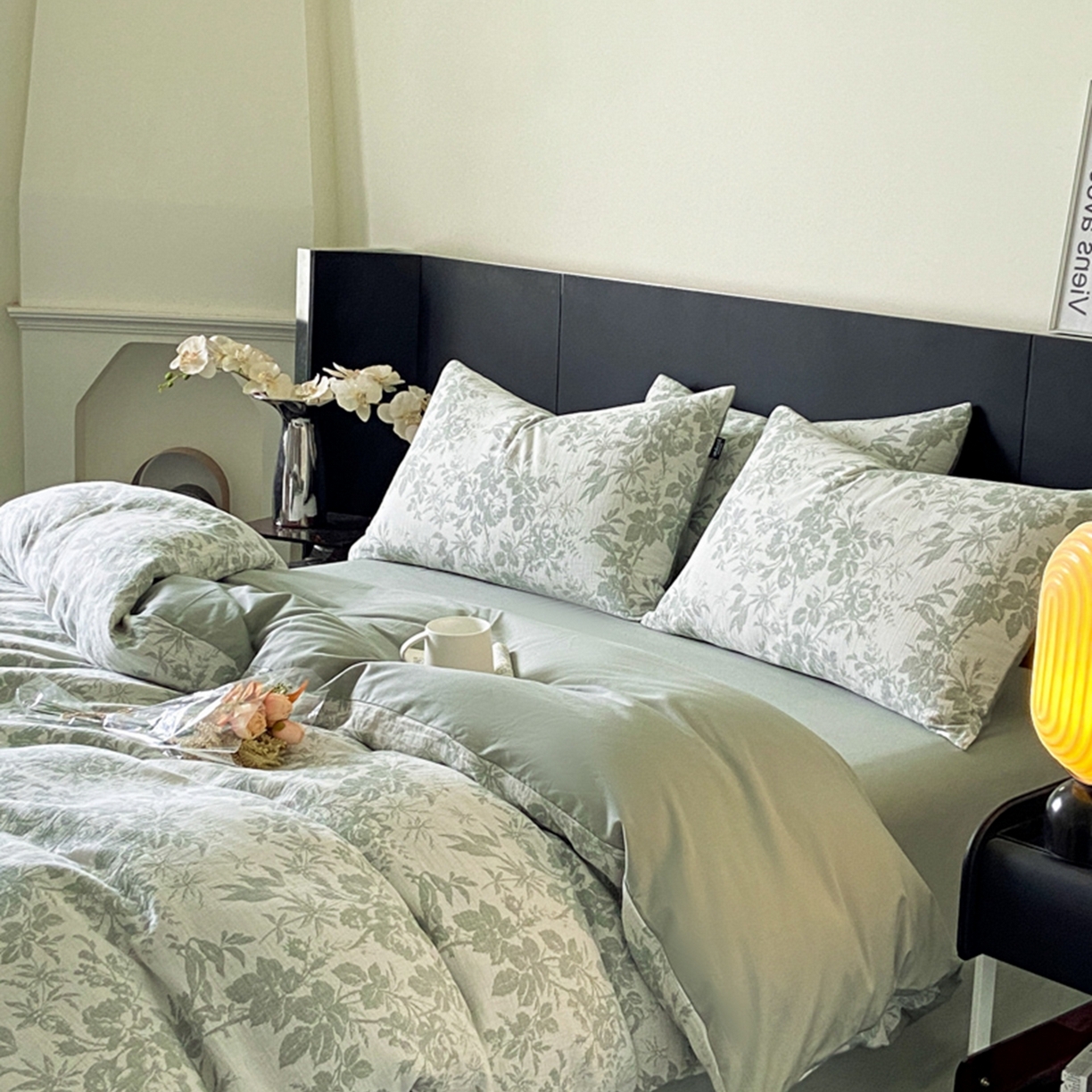 91家纺网 家纺一手货源 找家纺 宜代光年 2026新款全棉纯棉60S水洗棉三层纱色织提花四件套系列（经典保留花型） 繁花-绿