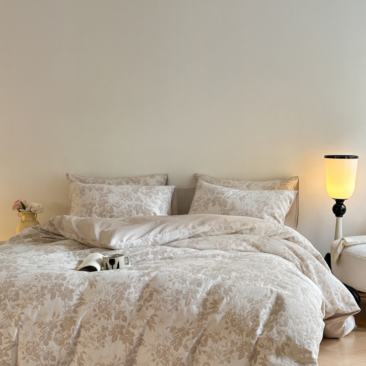 91家纺网 家纺一手货源 找家纺 宜代光年 2026新款全棉纯棉60S水洗棉三层纱色织提花四件套系列（经典保留花型） 繁花-咖