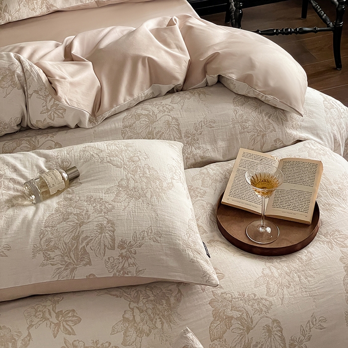 91家纺网 家纺一手货源 找家纺 宜代光年 2026新款全棉纯棉60S水洗棉三层纱色织提花四件套系列（经典保留花型） 执笔水墨-咖