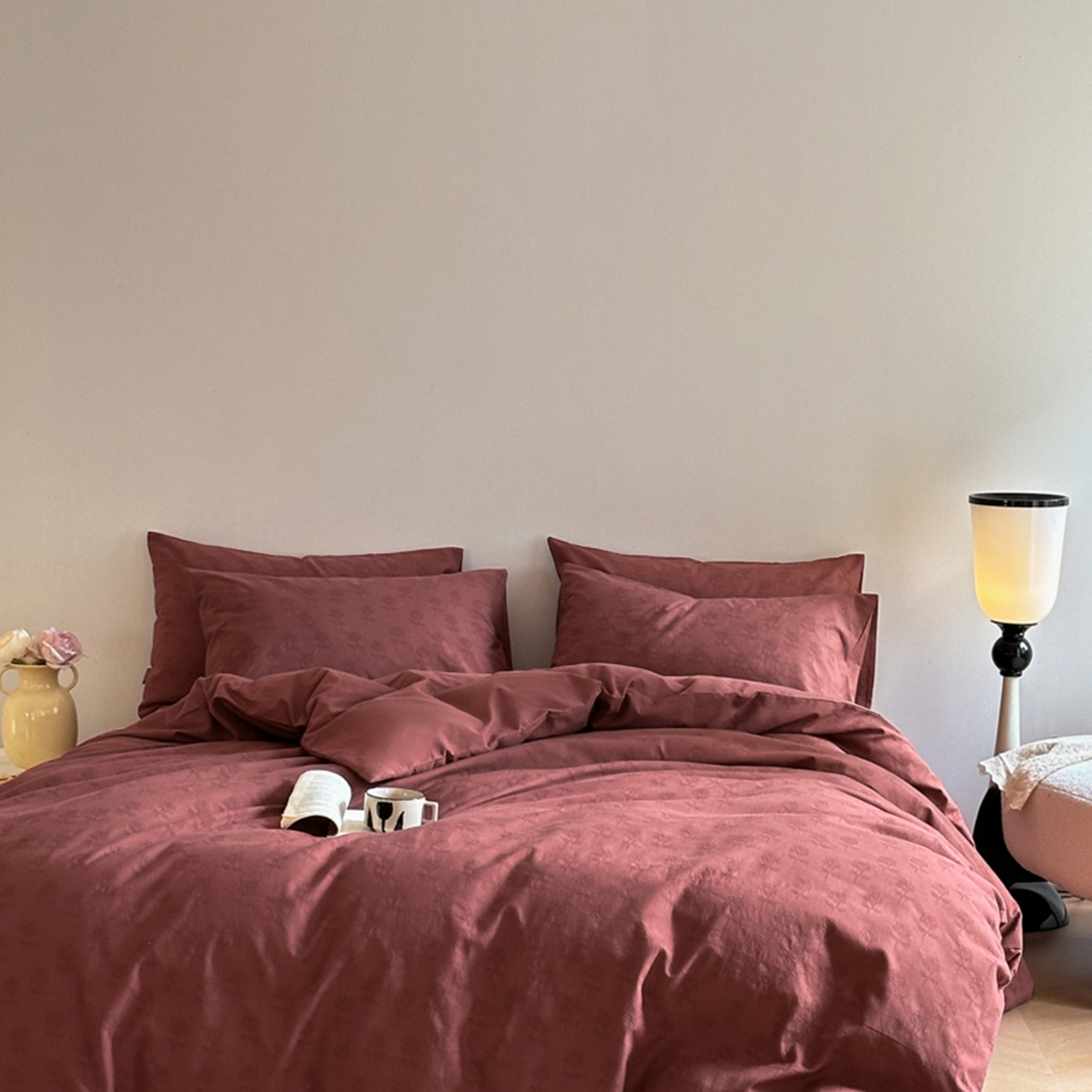 91家纺网 家纺一手货源 找家纺 宜代光年 2026新款全棉纯棉60S水洗棉三层纱色织提花四件套系列（经典保留花型） 玫瑰佳人-红