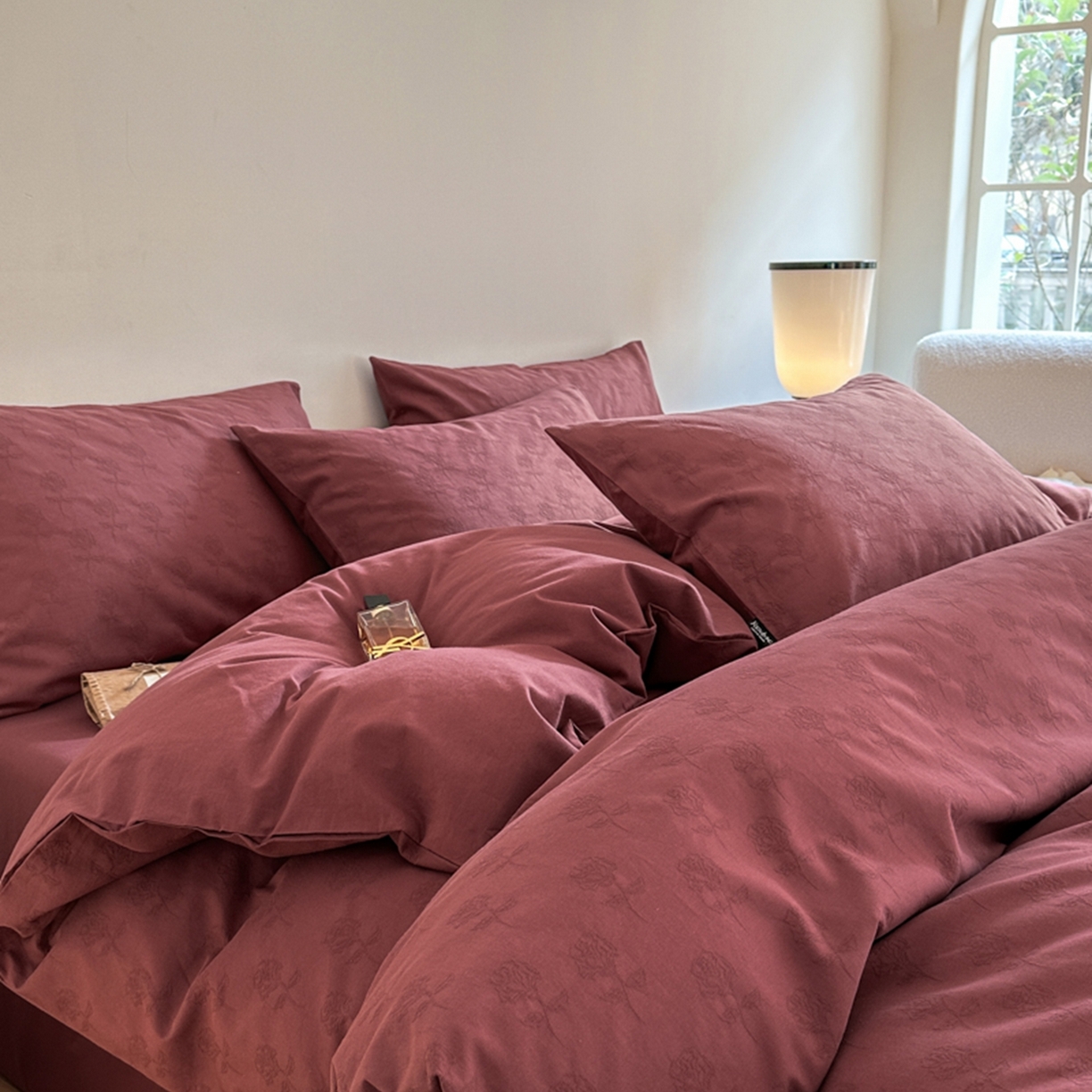 宜代光年 2026新款全棉纯棉60S水洗棉三层纱色织提花四件套系列（经典保留花型） 玫瑰佳人-红