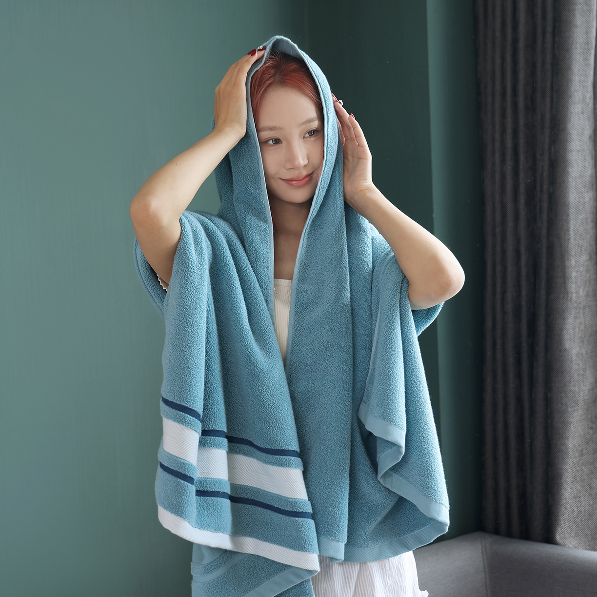 91家纺网 家纺一手货源 找家纺 朴尔家纺-毛巾被 2026新款素边全棉缎档加大加厚浴巾 静郁蓝 90*180cm