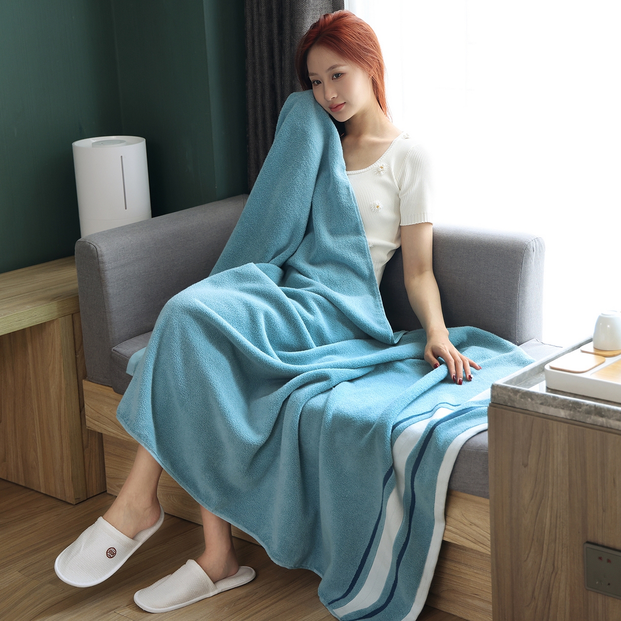 91家纺网 家纺一手货源 找家纺 朴尔家纺-毛巾被 2026新款素边全棉缎档加大加厚浴巾 静郁蓝 90*180cm