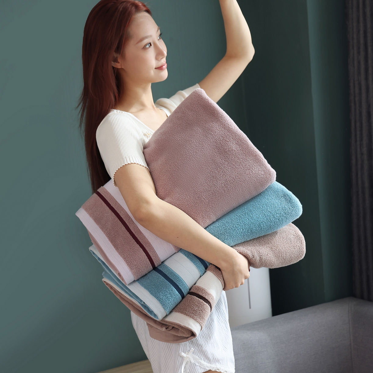 91家纺网 家纺一手货源 找家纺 朴尔家纺-毛巾被 2026新款素边全棉缎档加大加厚浴巾 组合图 90*180cm