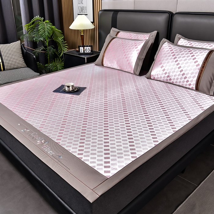 91家纺网 家纺一手货源 找家纺 小牛席业 2026新款超精密冰丝席席子-矩阵方格系列 超精密凉感冰丝席系列（矩阵方格粉色）