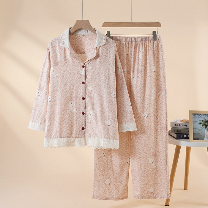 洛兰沙家居馆 2026春季新品甜美森系纯棉碎花宽松睡衣长袖蕾丝花边拼接款家居服 粉色花园