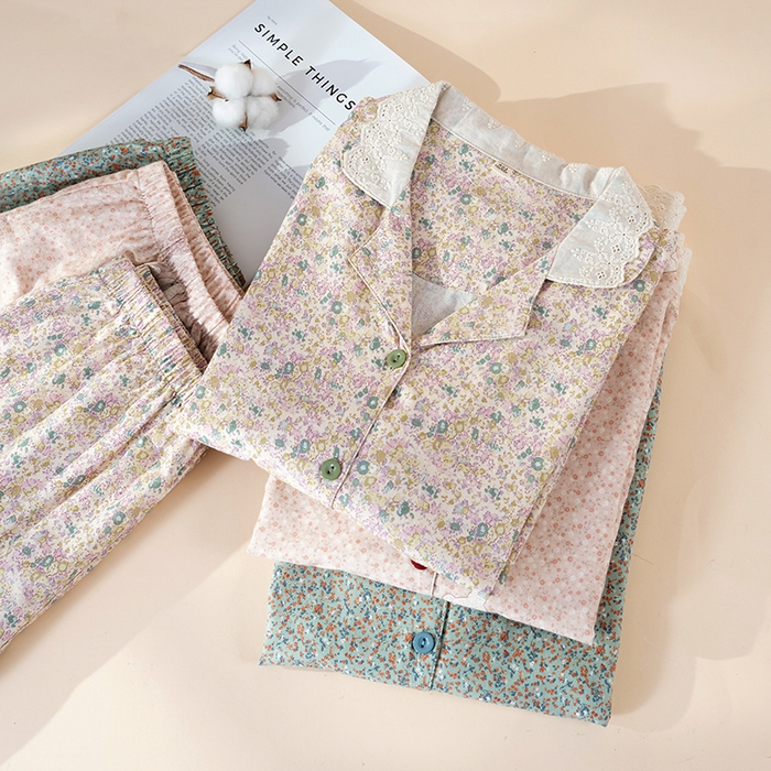 91家纺网 家纺一手货源 找家纺 洛兰沙家居馆 2026春季新品甜美森系纯棉碎花宽松睡衣长袖蕾丝花边拼接款家居服 粉色花园