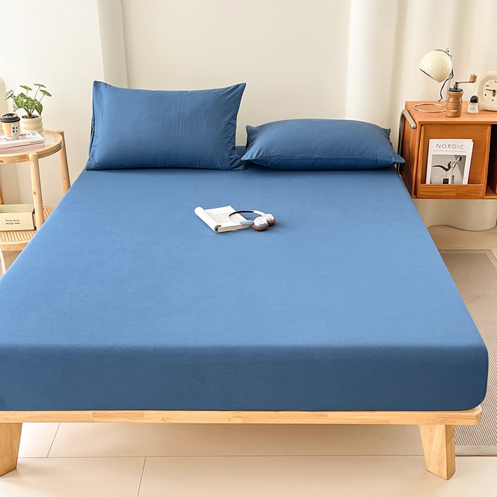 91家纺网 家纺一手货源 找家纺 梦卓家纺 2026新款ins纯色系列亲肤水洗棉床笠 爵士蓝