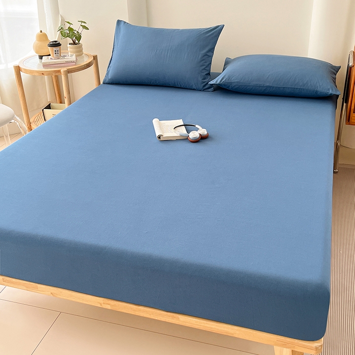 91家纺网 家纺一手货源 找家纺 梦卓家纺 2026新款ins纯色系列亲肤水洗棉床笠 爵士蓝