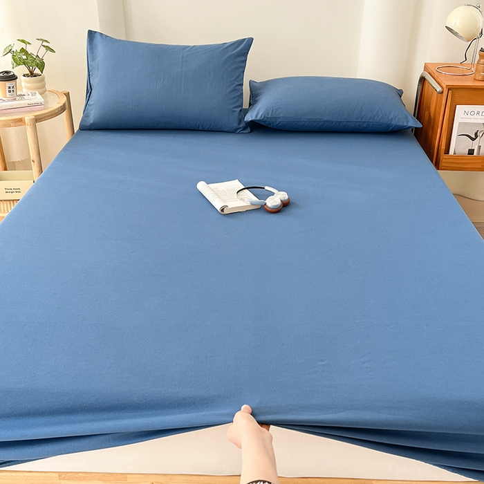 91家纺网 家纺一手货源 找家纺 梦卓家纺 2026新款ins纯色系列亲肤水洗棉床笠 爵士蓝