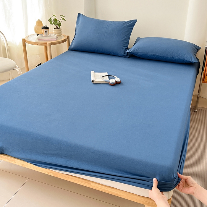 91家纺网 家纺一手货源 找家纺 梦卓家纺 2026新款ins纯色系列亲肤水洗棉床笠 爵士蓝