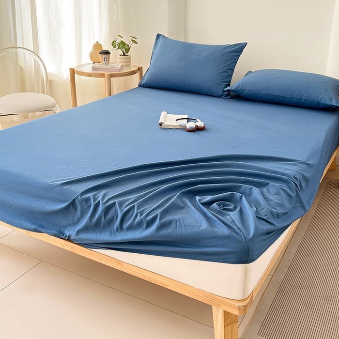 91家纺网 家纺一手货源 找家纺 梦卓家纺 2026新款ins纯色系列亲肤水洗棉床笠 爵士蓝