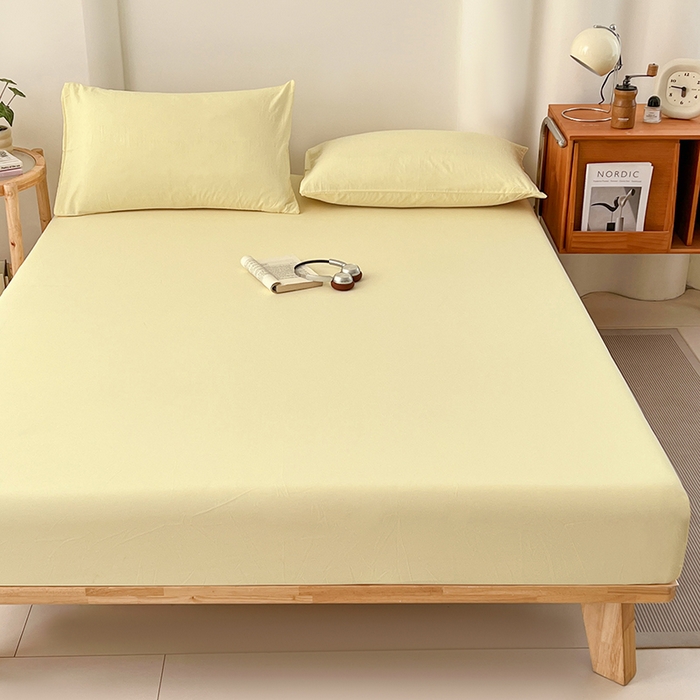 91家纺网 家纺一手货源 找家纺 梦卓家纺 2026新款ins纯色系列亲肤水洗棉床笠 奶黄