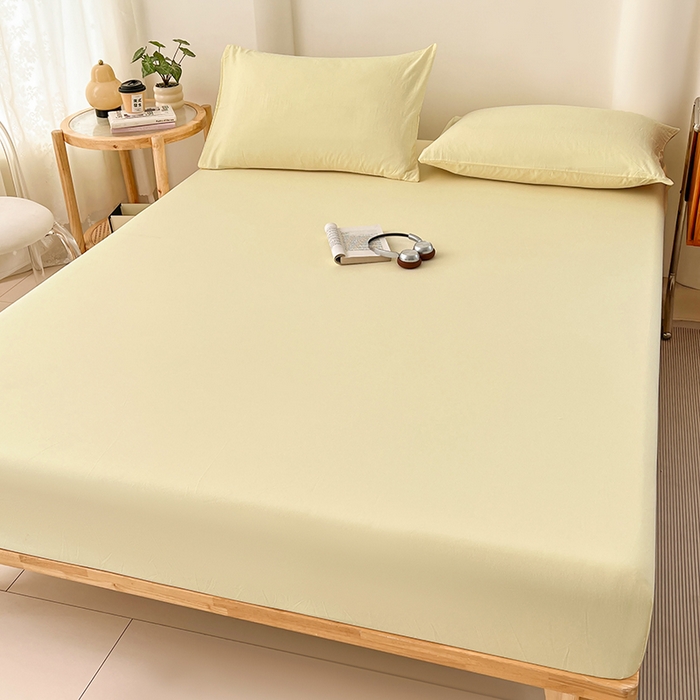 91家纺网 家纺一手货源 找家纺 梦卓家纺 2026新款ins纯色系列亲肤水洗棉床笠 奶黄