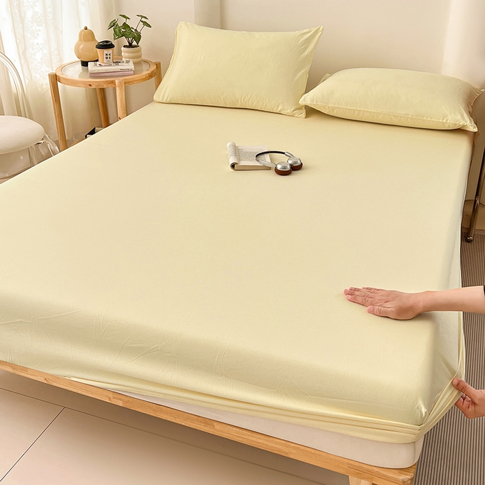 91家纺网 家纺一手货源 找家纺 梦卓家纺 2026新款ins纯色系列亲肤水洗棉床笠 奶黄