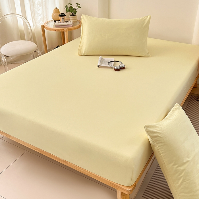 91家纺网 家纺一手货源 找家纺 梦卓家纺 2026新款ins纯色系列亲肤水洗棉床笠 奶黄