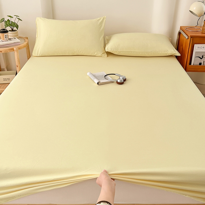 91家纺网 家纺一手货源 找家纺 梦卓家纺 2026新款ins纯色系列亲肤水洗棉床笠 奶黄