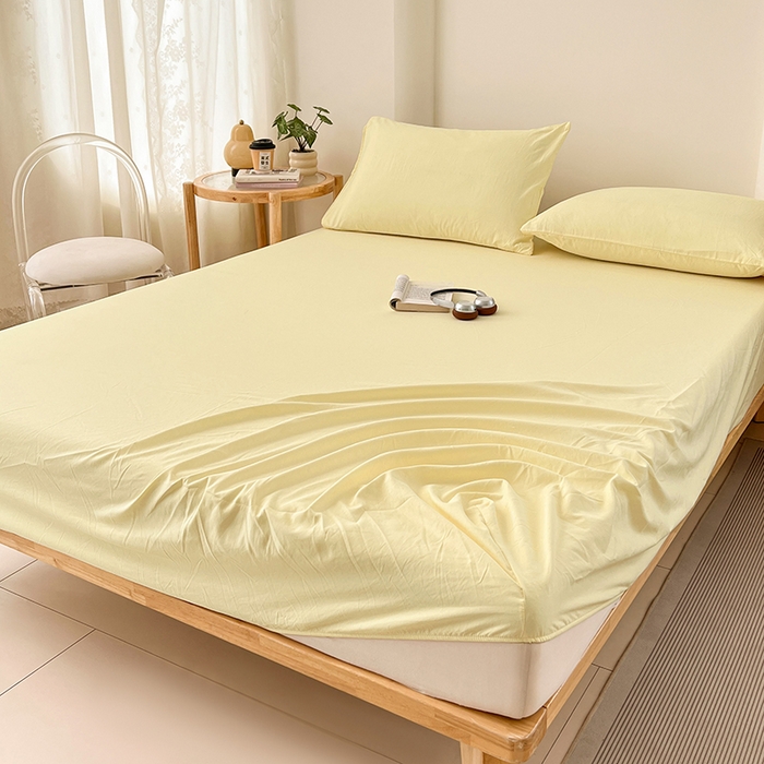 91家纺网 家纺一手货源 找家纺 梦卓家纺 2026新款ins纯色系列亲肤水洗棉床笠 奶黄