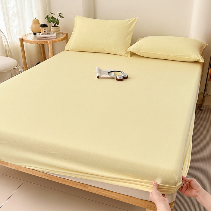 91家纺网 家纺一手货源 找家纺 梦卓家纺 2026新款ins纯色系列亲肤水洗棉床笠 奶黄