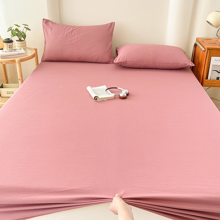 91家纺网 家纺一手货源 找家纺 梦卓家纺 2026新款ins纯色系列亲肤水洗棉床笠 藕粉