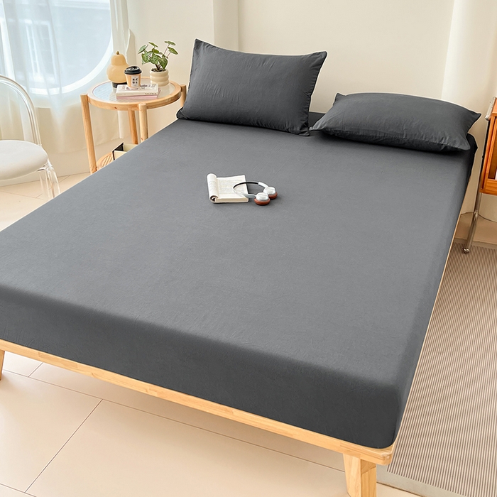 91家纺网 家纺一手货源 找家纺 梦卓家纺 2026新款ins纯色系列亲肤水洗棉床笠 深灰