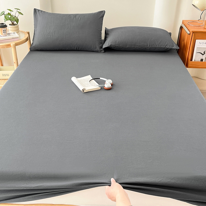 91家纺网 家纺一手货源 找家纺 梦卓家纺 2026新款ins纯色系列亲肤水洗棉床笠 深灰