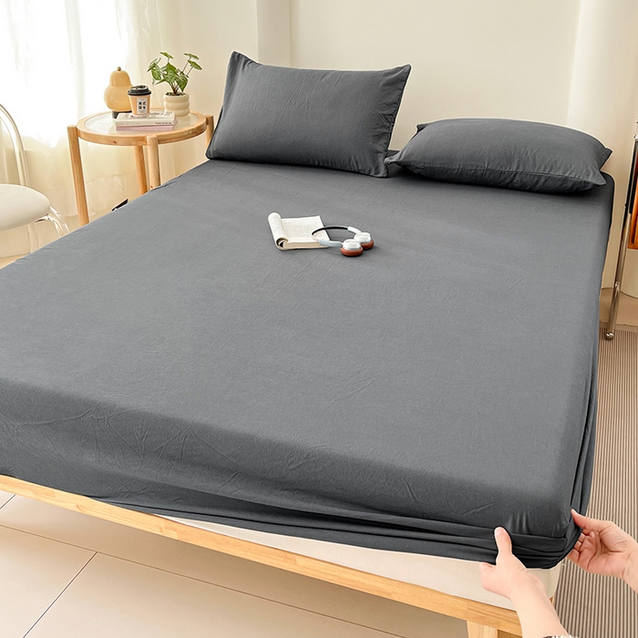 91家纺网 家纺一手货源 找家纺 梦卓家纺 2026新款ins纯色系列亲肤水洗棉床笠 深灰