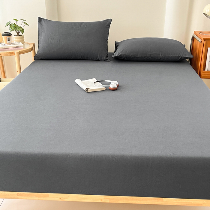 91家纺网 家纺一手货源 找家纺 梦卓家纺 2026新款ins纯色系列亲肤水洗棉床笠 深灰