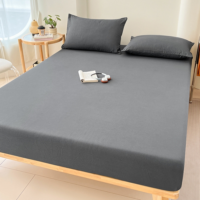 91家纺网 家纺一手货源 找家纺 梦卓家纺 2026新款ins纯色系列亲肤水洗棉床笠 深灰