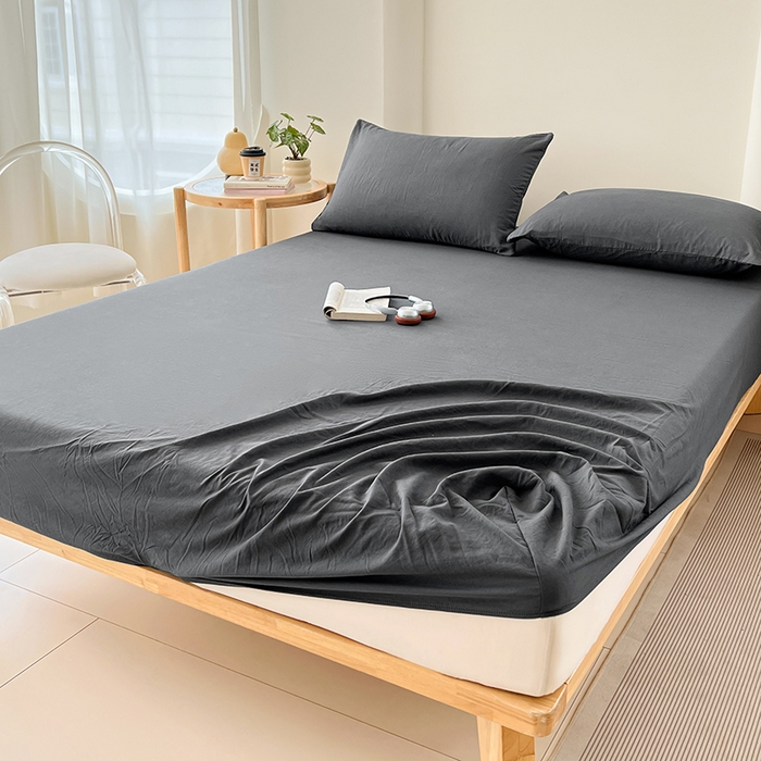 91家纺网 家纺一手货源 找家纺 梦卓家纺 2026新款ins纯色系列亲肤水洗棉床笠 深灰